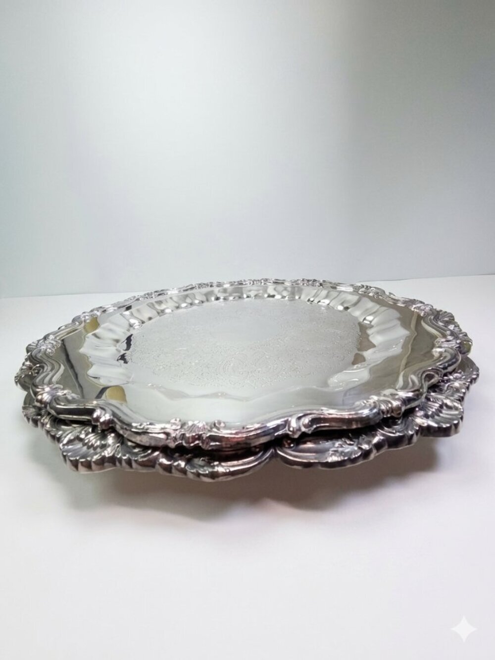Vintage Silverplate Serving Trays Set 2pc Poole Baroque Footed FB Rogers 15" 16"